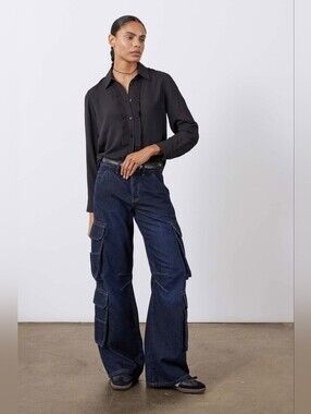 Wide Leg Cargo Jeans in Dark Indigo